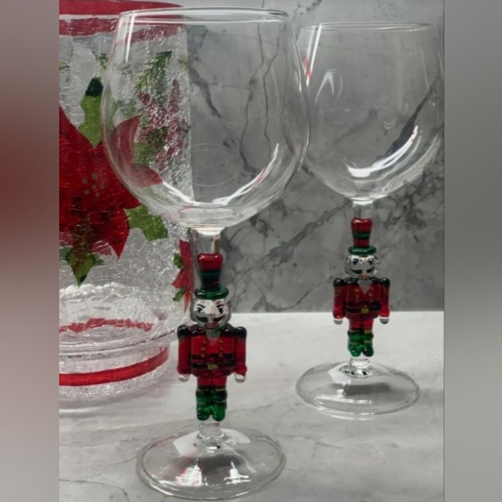 2pc Nieman Marcus Style Christmas NUTCRACKER Suite Sugar Plum Wine Glasses New